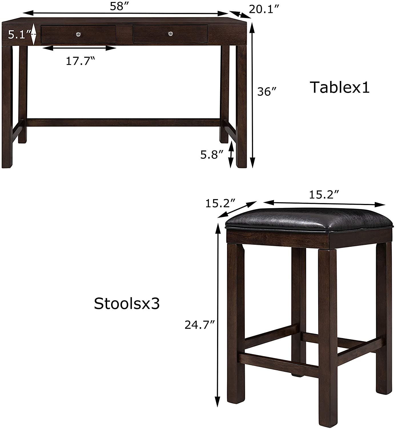 4-Piece Counter Height Dining Table Set with 3 PU Leather Padded Stools Espresso F1711